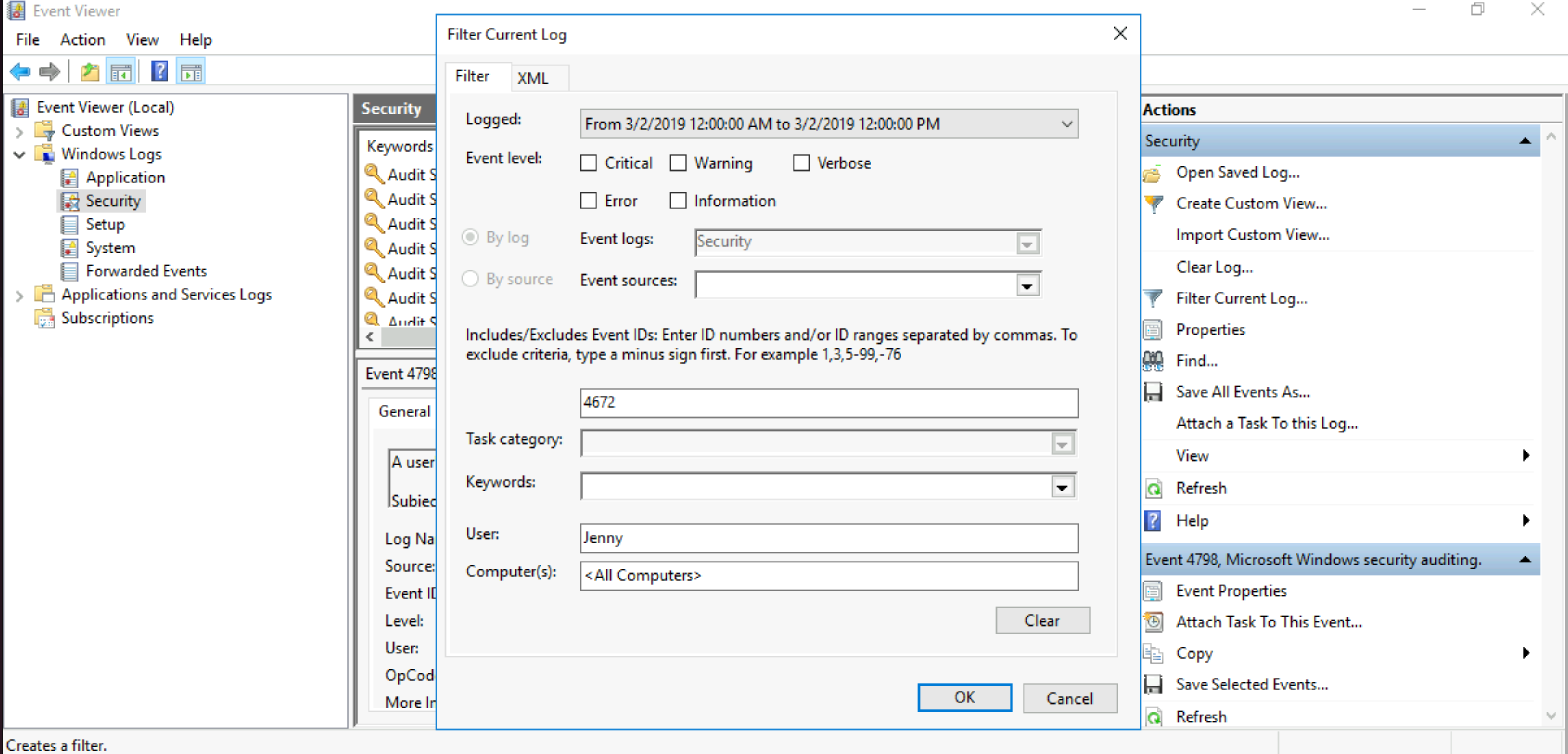 Windows log filter